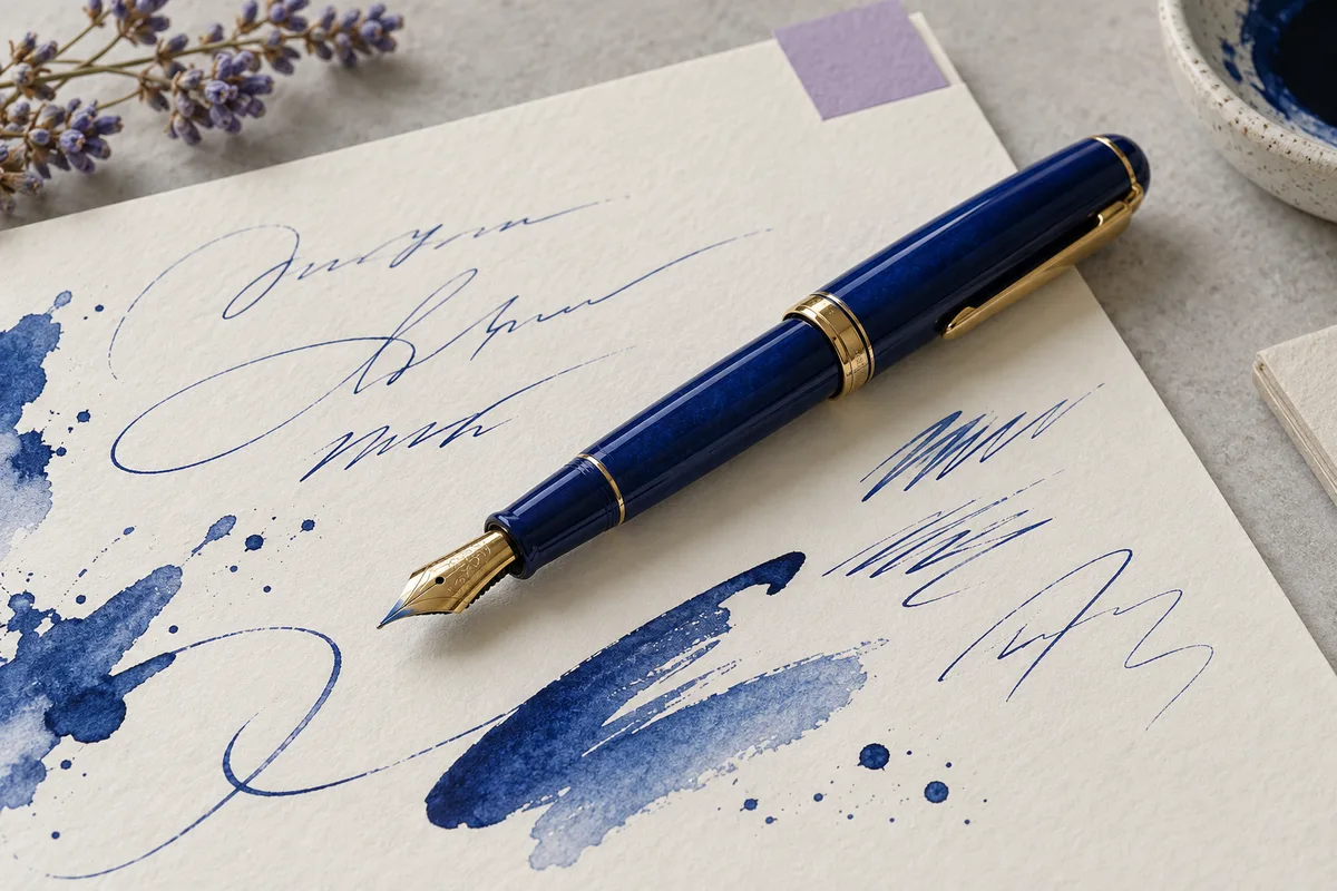 A blue fountain pen beside expressive handwriting practice strokes.
