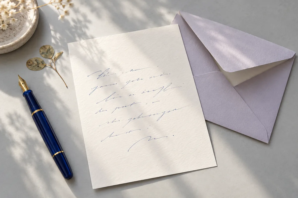 A personal letter with a lavender envelope and blue fountain pen.