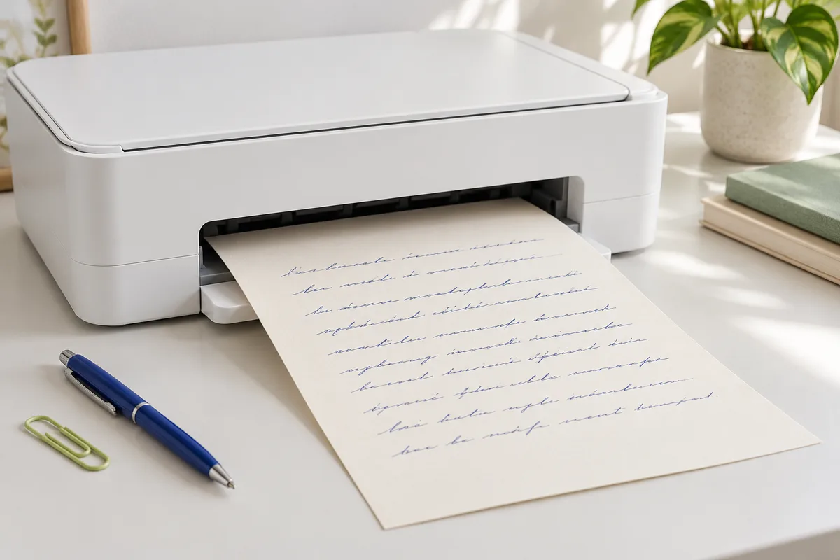A home printer preparing an A4 handwritten-style page.