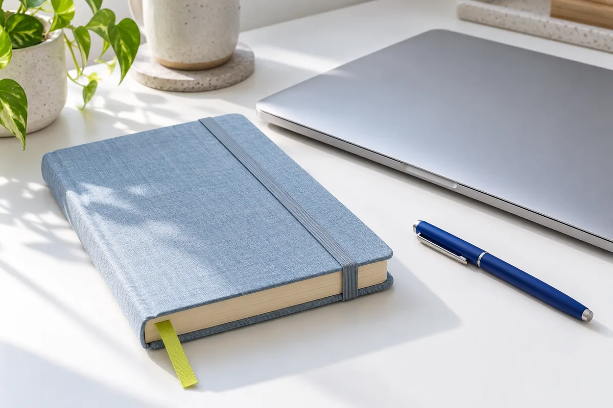 A closed notebook and laptop representing a private writing space.