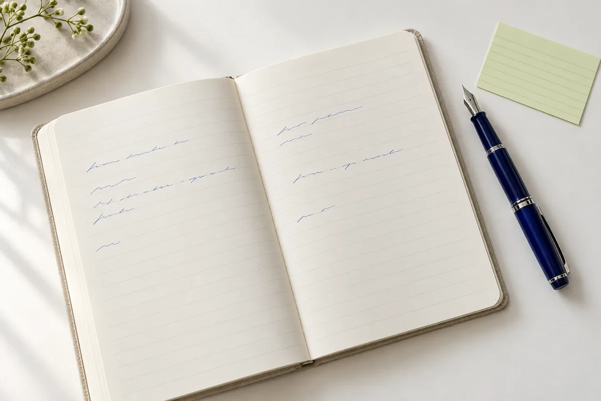An open notebook, blue pen and a lime index card on a bright desk.